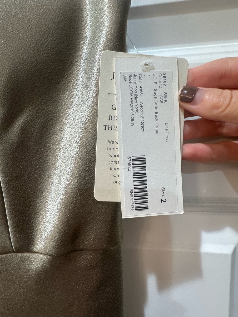 the Jenny Yoo “Dina” Dress in Sage Satin Back Crepe, size 2. - Picture 2 of 4